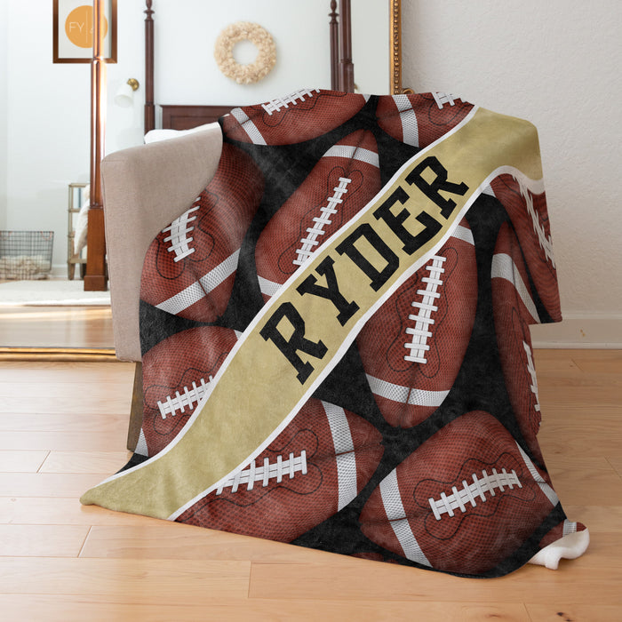 Football Ball Pattern with Name Plate Stripe - Personalized Blanket