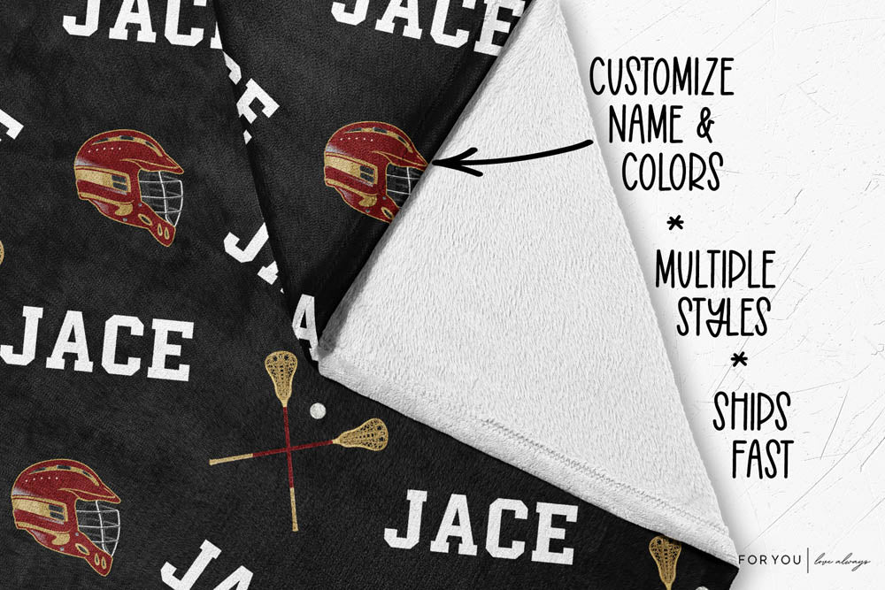 Lacrosse Repeating Name with Stick and Helmet - Personalized Blanket