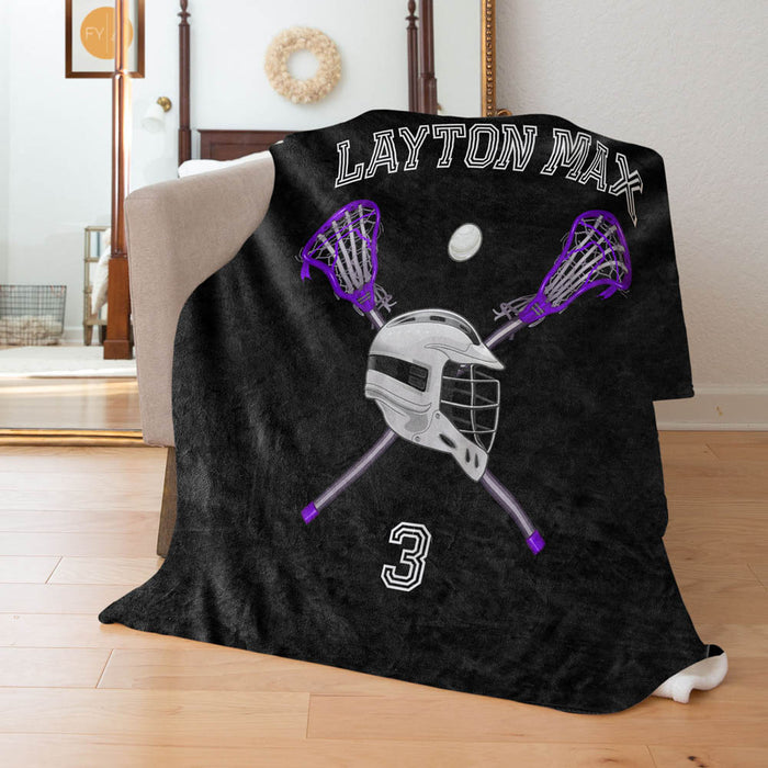 Lacrosse Name Blanket Choose Colors Stick and Helmet - Personalized Blanket